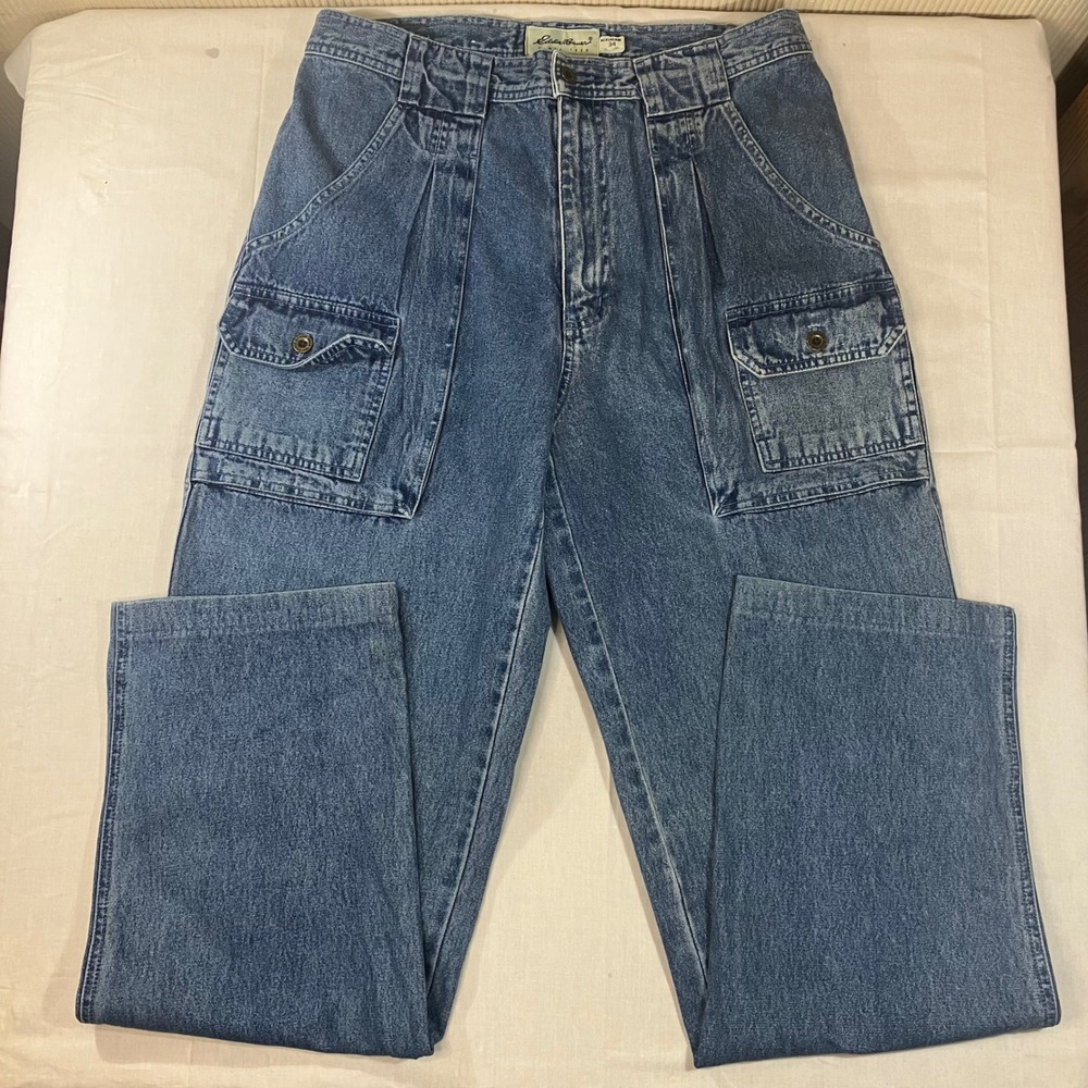Eddie Bauer Mens 34 Pleated Cargo Jeans Blue Medium Wash 100% Cotton Vintage 90s
